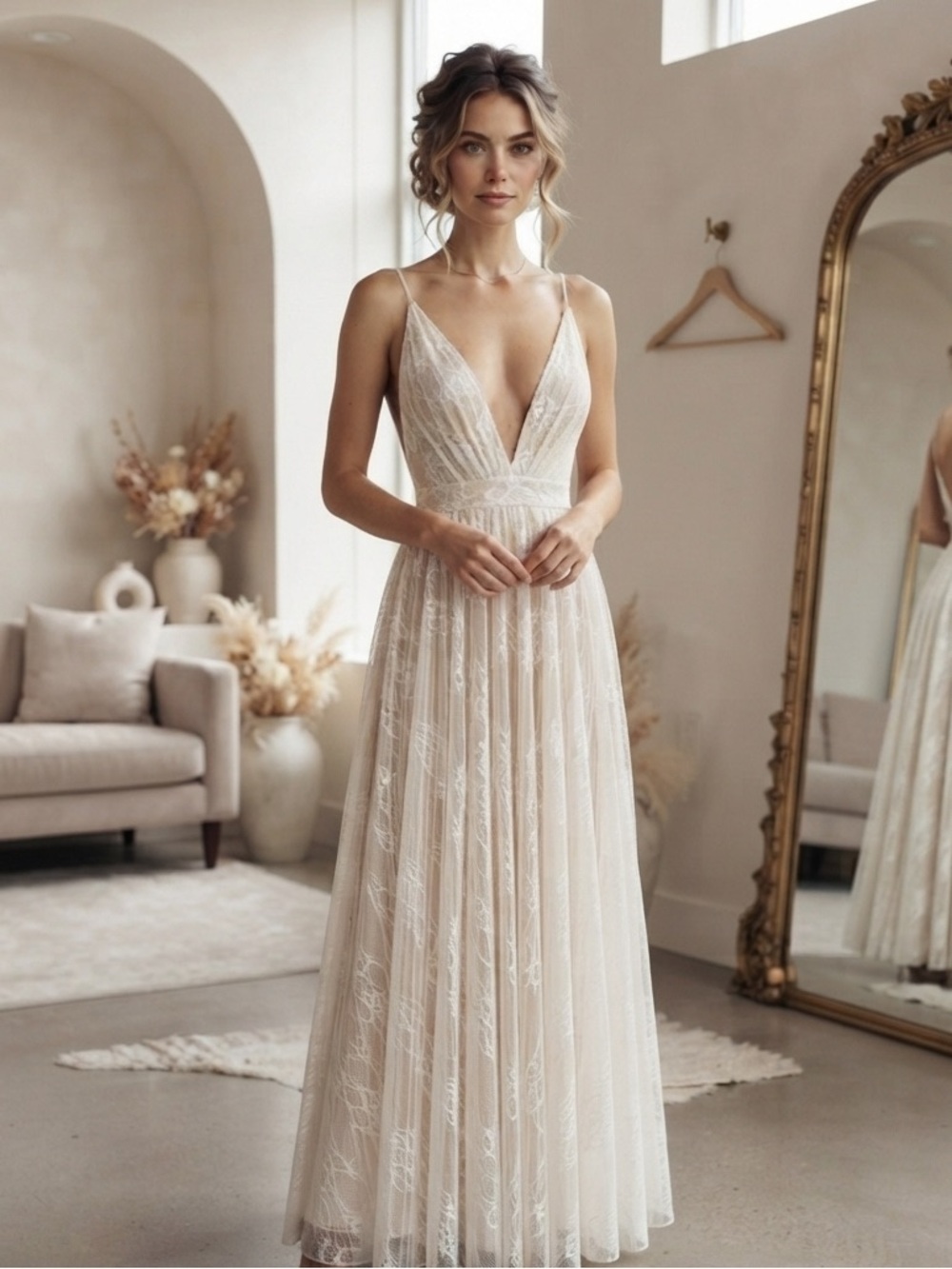 Ricarica Cream Lace Maxi Dress Plunging V-Neck Boho Wedding Bridal M